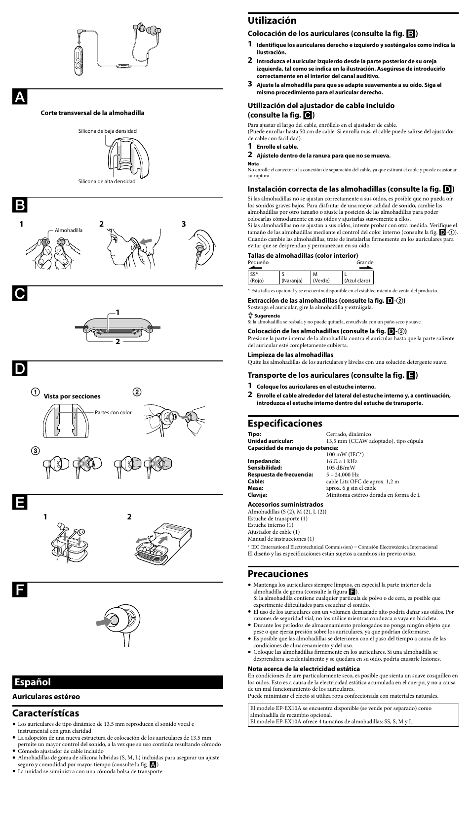 Utilización, Especificaciones, Precauciones | Español, Característícas | Sony CKM-NWS630WHI User Manual | Page 2 / 2