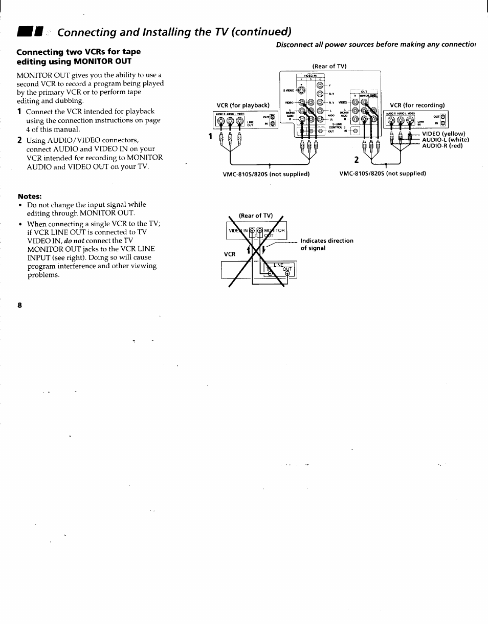 Notes, Connecting and installing the tv (continued) | Sony KV-32XBR48 User Manual | Page 10 / 41