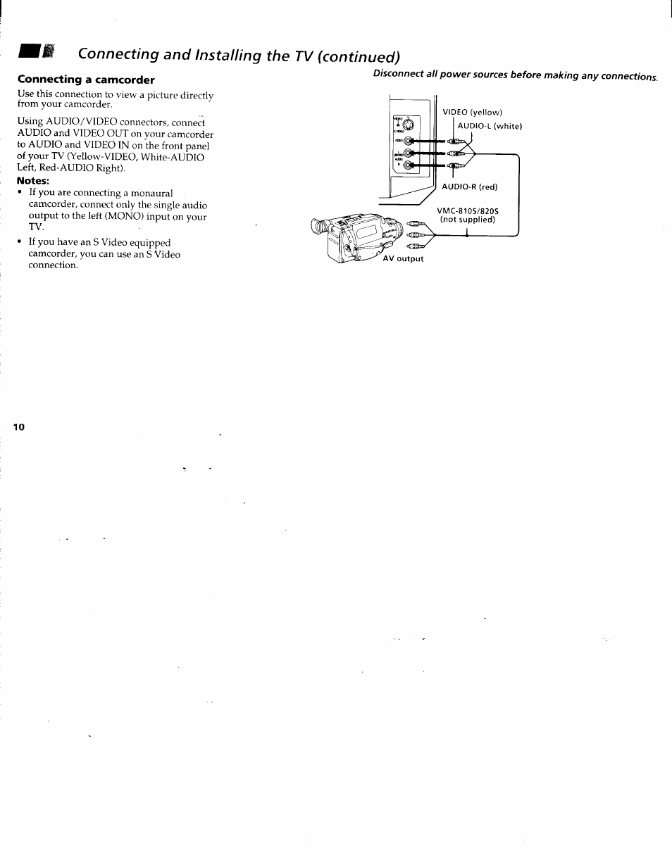 Connecting and installing the tv (continued), Connecting a camcorder, Notes | Sony KV-32XBR48 User Manual | Page 12 / 41