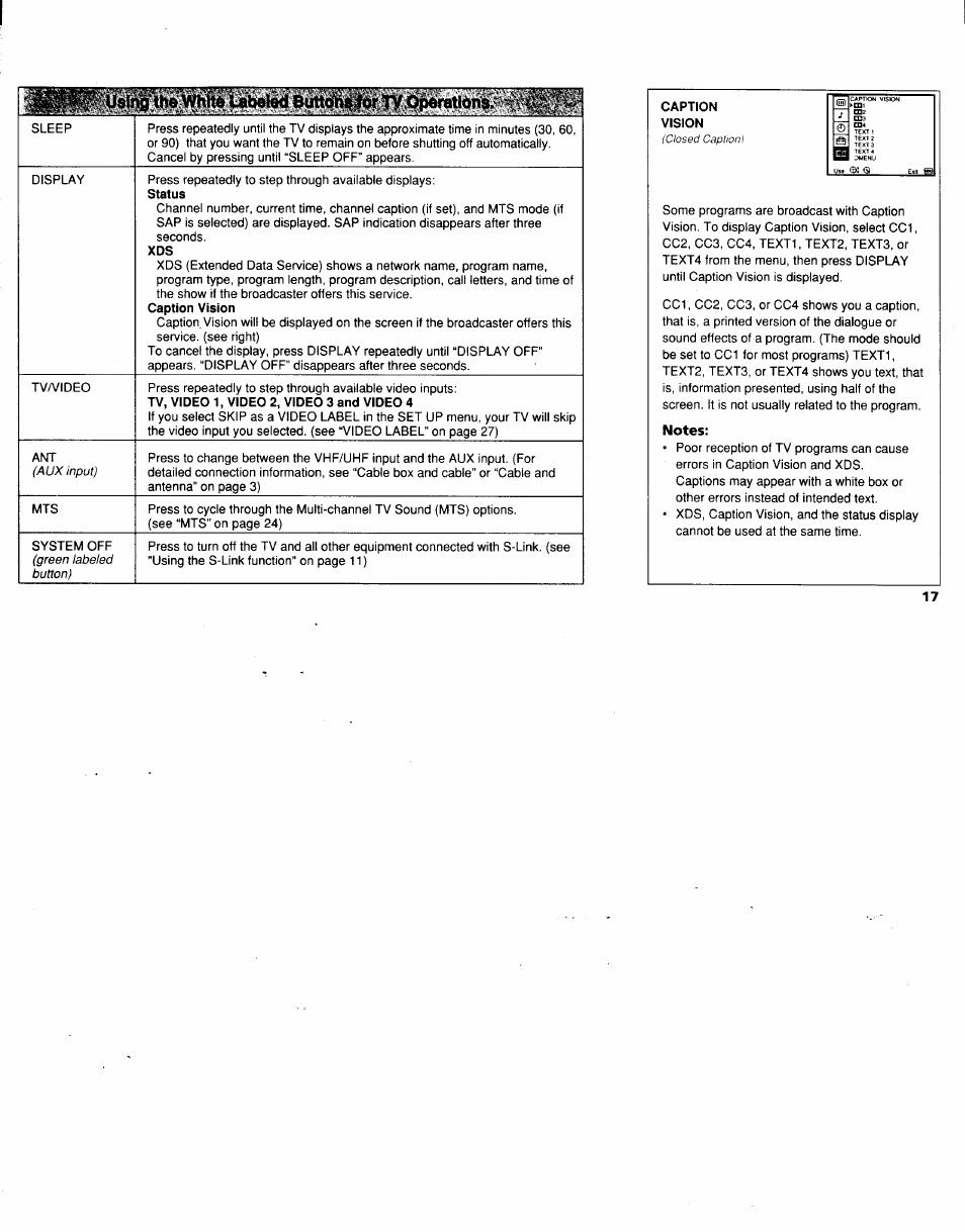 Caption, Vision, Notes | Sony KV-32XBR48 User Manual | Page 19 / 41