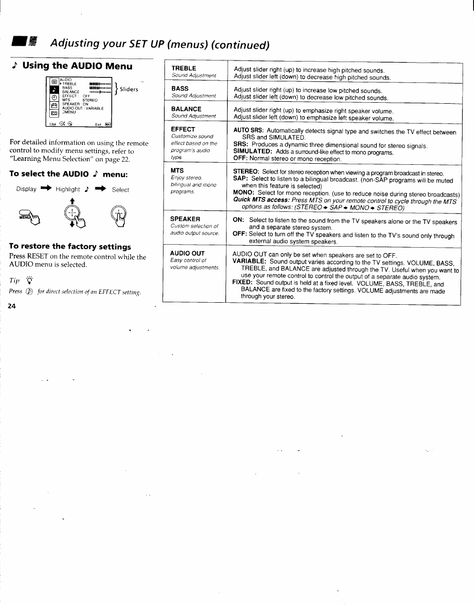 J' using the audio menu, To select the audio j' menu, To restore the factory settings | Using the audio menu, Adjusting your set up (menus) (continued) | Sony KV-32XBR48 User Manual | Page 26 / 41