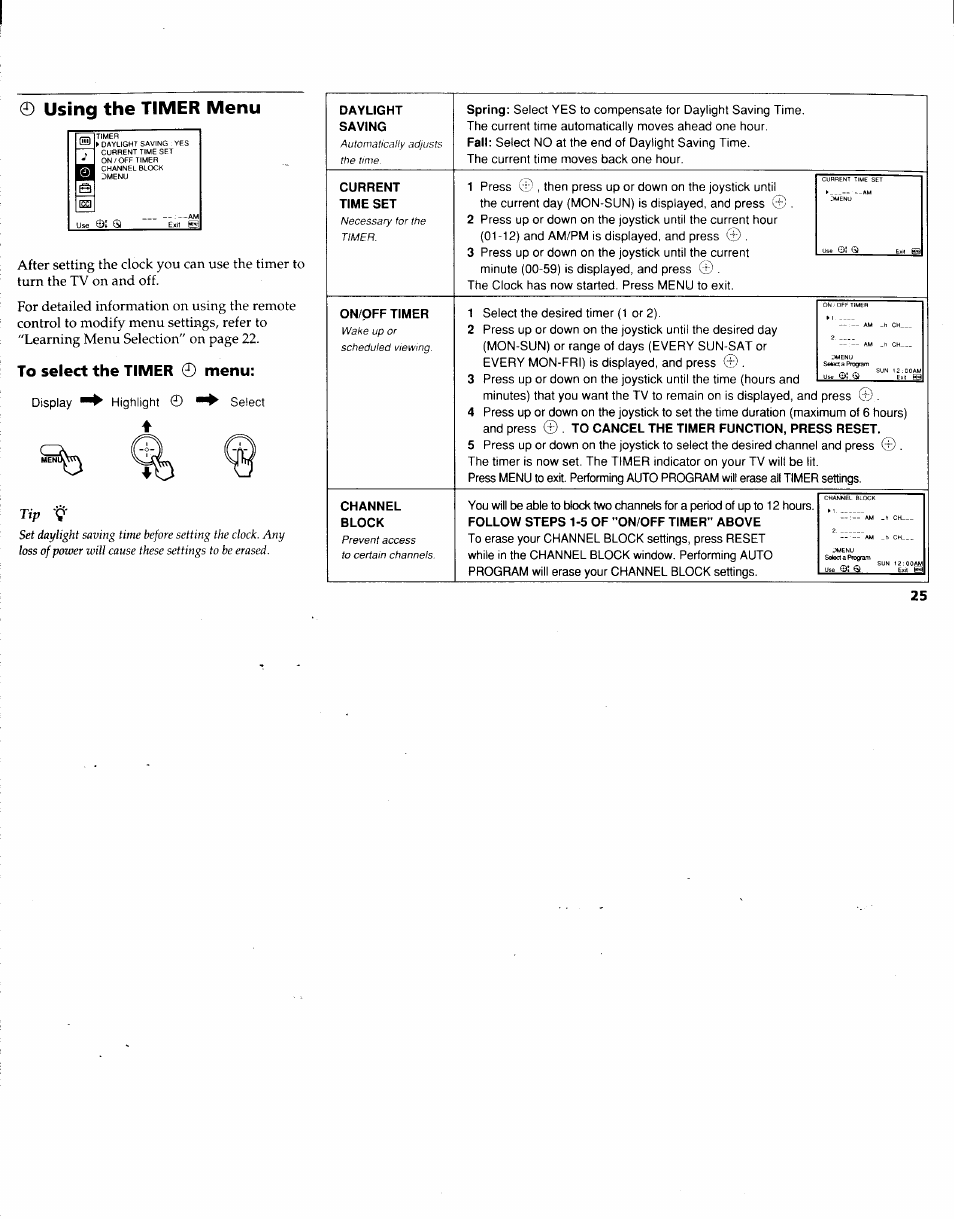 Using the timer menu, To select the timer 0 menu, Daylight | Saving, Current time set, On/off timer, Channel, Block | Sony KV-32XBR48 User Manual | Page 27 / 41