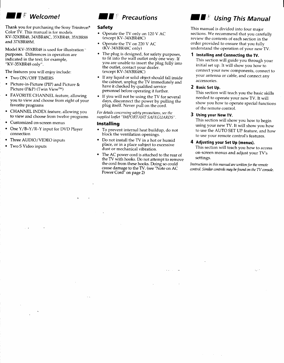 Safety, Installing, Welcome | Êêmi- precautions, Using this manual, 4 adjusting your set up (menus) | Sony KV-32XBR48 User Manual | Page 3 / 41