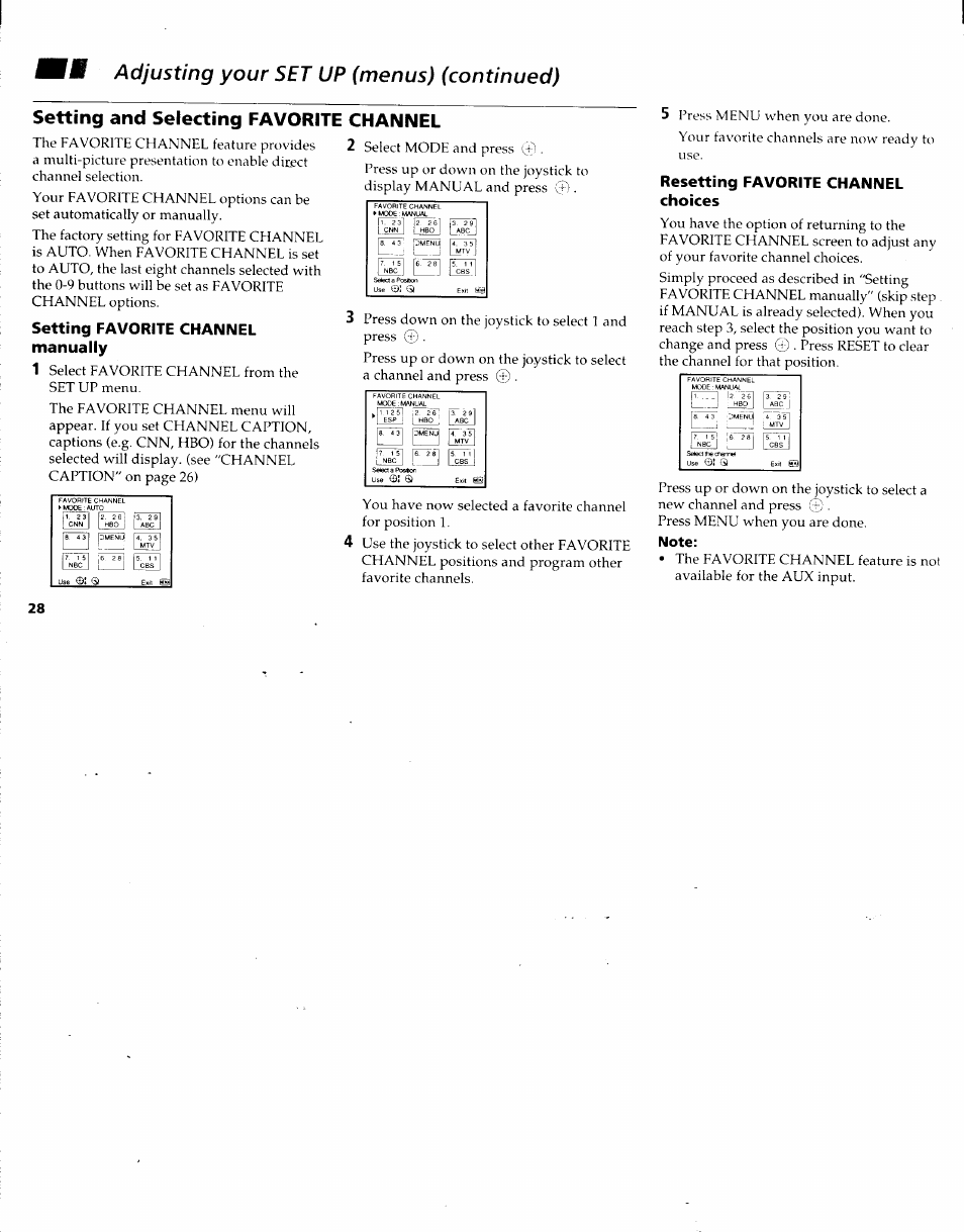 Setting favorite channel manually, Resetting favorite channel choices | Sony KV-32XBR48 User Manual | Page 30 / 41