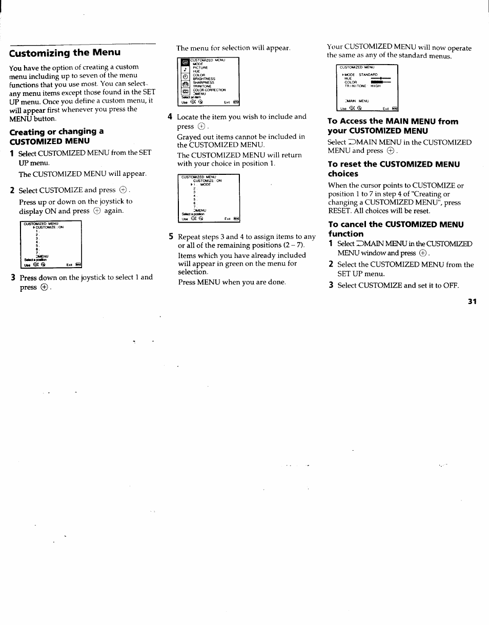 Customizing the menu, Creating or changing a customized menu, To access the main menu from your customized menu | To reset the customized menu choices, To cancel the customized menu function | Sony KV-32XBR48 User Manual | Page 33 / 41
