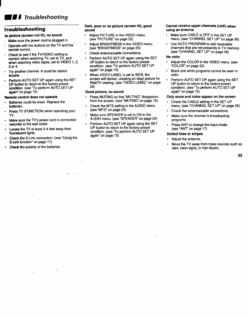 Ml troubleshooting, Troubleshooting, Picture (screen not lit), no sound | Remote control does not operate, Dark, poor or no picture (screen tit), good sound, Good picture, no sound, No color, Only snow and noise appear on the screen, Dotted lines or stripes | Sony KV-32XBR48 User Manual | Page 37 / 41