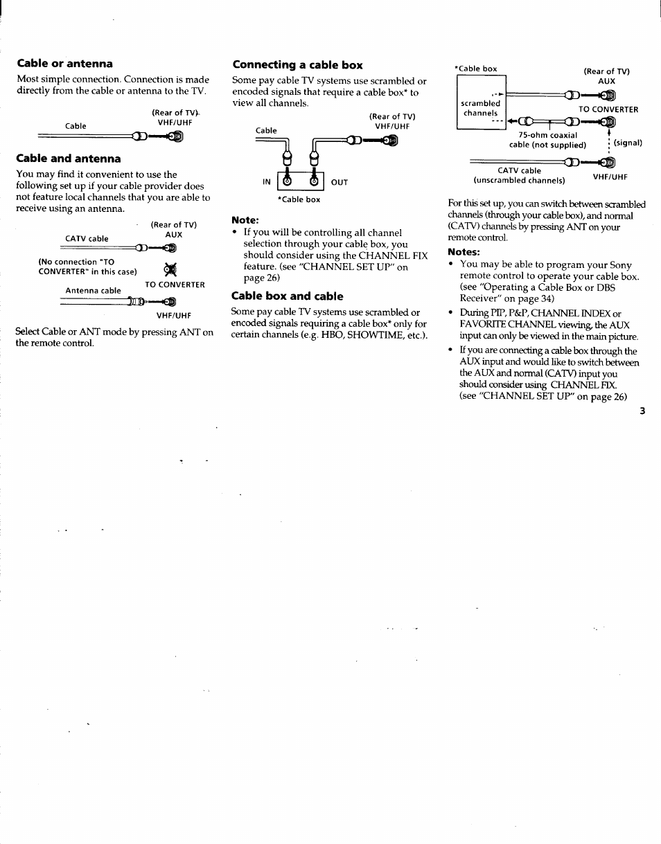 Cable or antenna, Cable and antenna, Connecting a cable box | Note, Cable box and cable, Notes | Sony KV-32XBR48 User Manual | Page 5 / 41