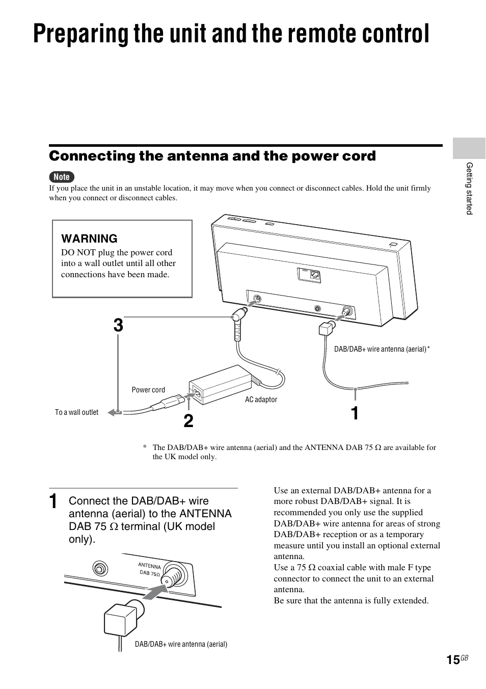 Preparing the unit and the remote control, Connecting the antenna and the power cord | Sony NAS-SV20i User Manual | Page 15 / 95
