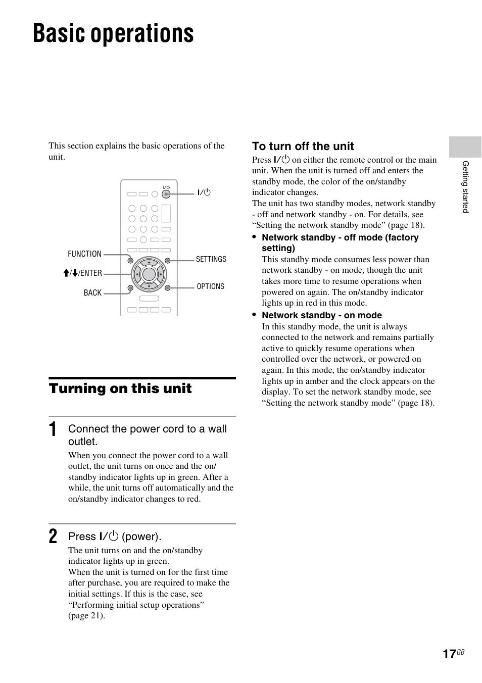 Basic operations, Turning on this unit, E 17) | Sony NAS-SV20i User Manual | Page 17 / 95