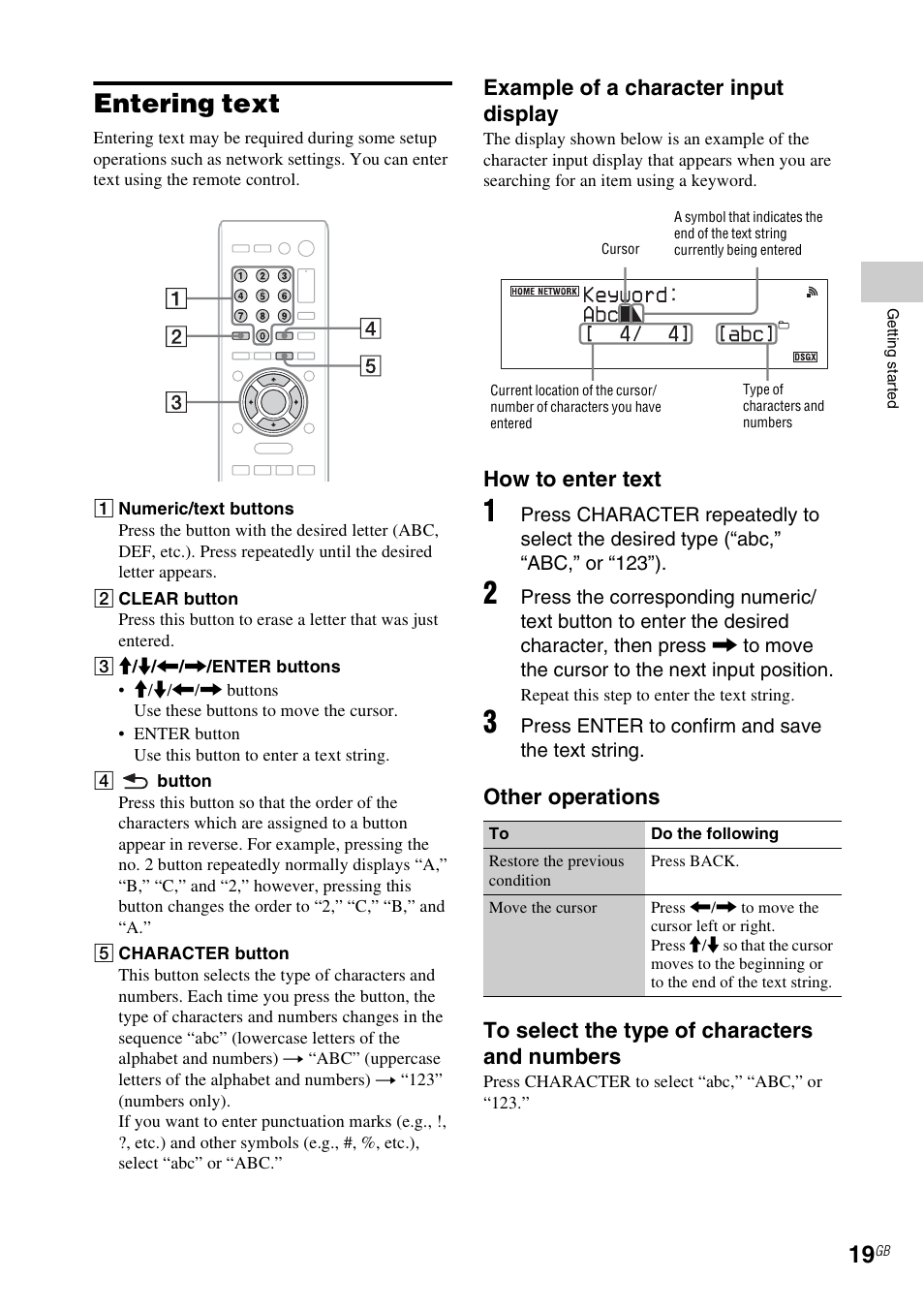 Entering text, Es 19, Example of a character input display | How to enter text | Sony NAS-SV20i User Manual | Page 19 / 95