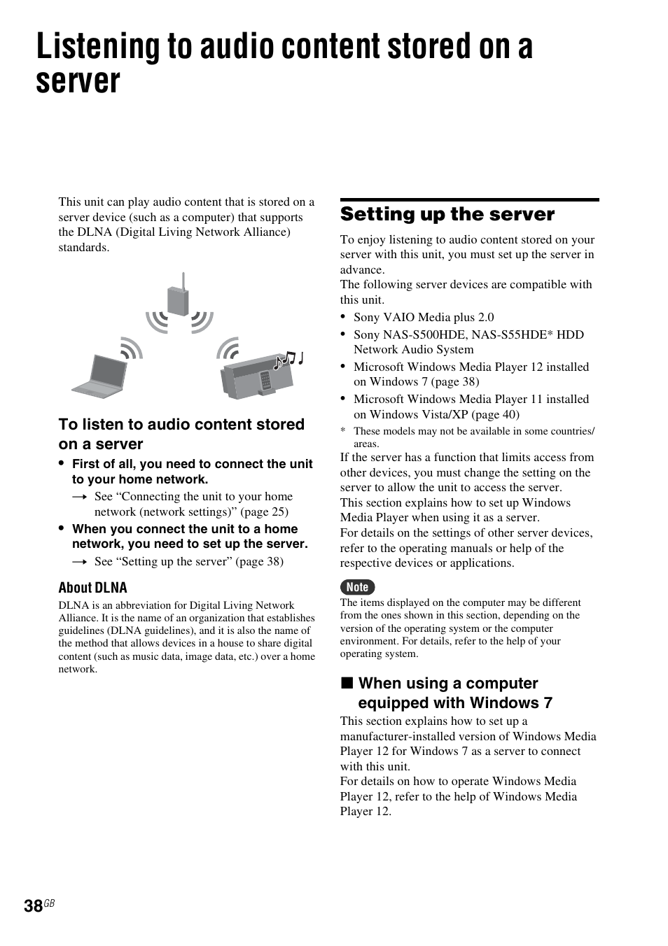 Listening to audio content stored on a server, Setting up the server, E 38 | E 38) | Sony NAS-SV20i User Manual | Page 38 / 95