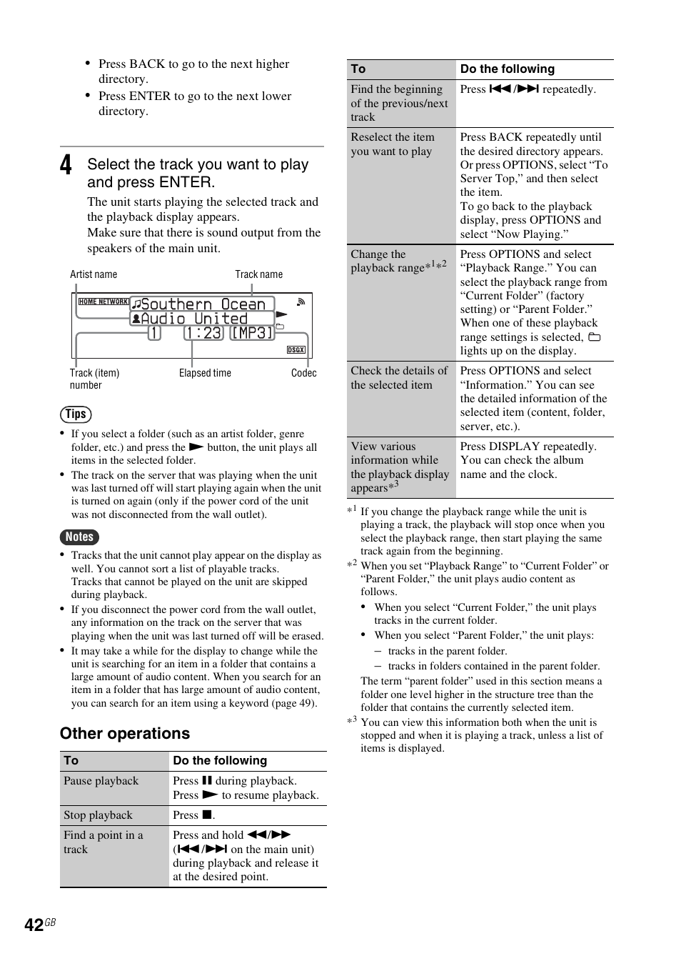 Other operations, Select the track you want to play and press enter | Sony NAS-SV20i User Manual | Page 42 / 95