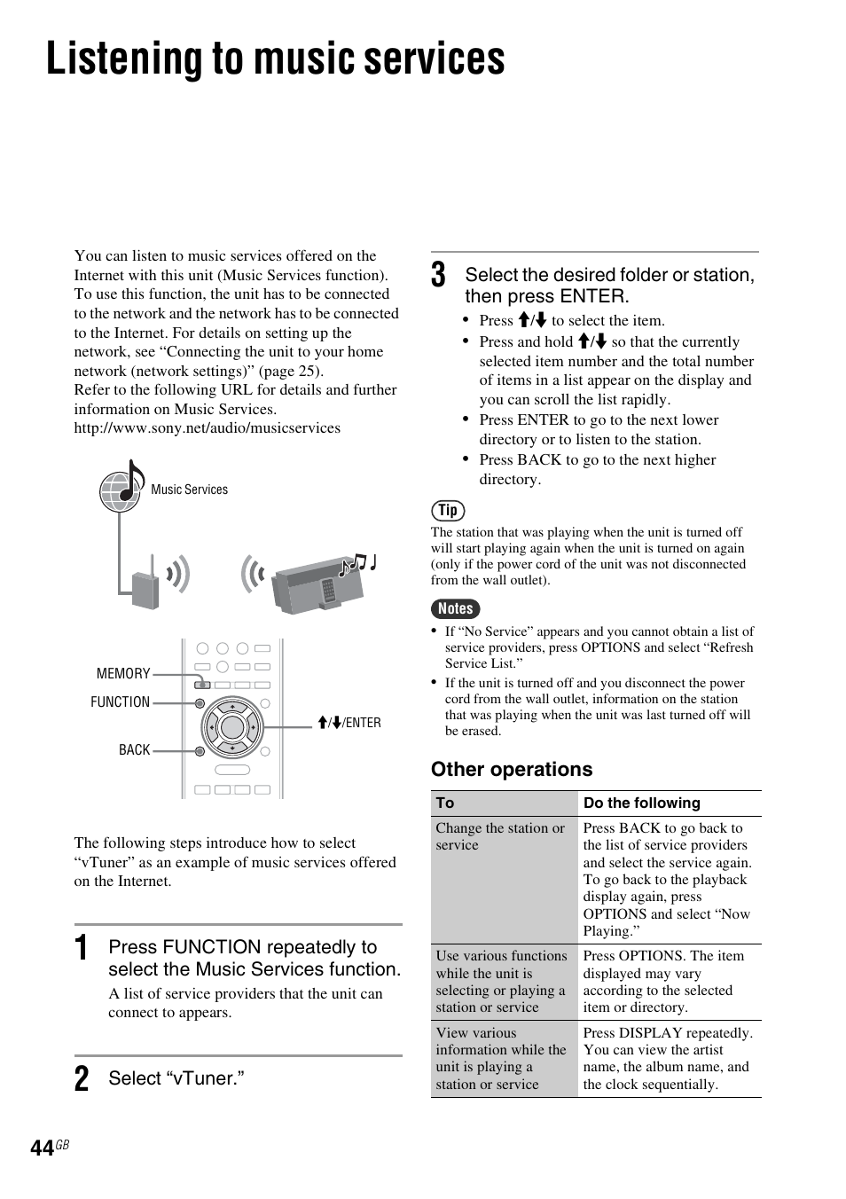 Listening to music services, E 44) | Sony NAS-SV20i User Manual | Page 44 / 95