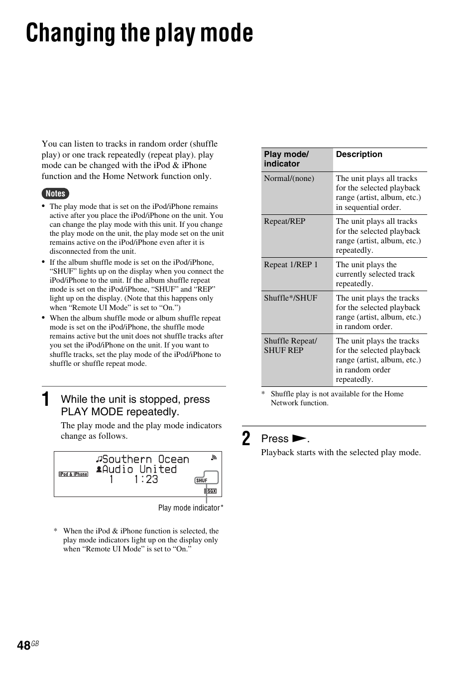 Changing the play mode | Sony NAS-SV20i User Manual | Page 48 / 95