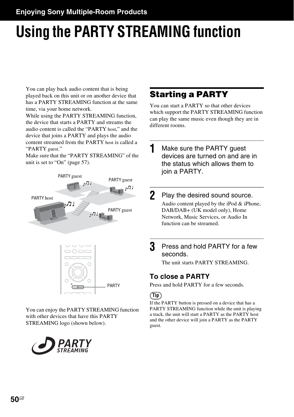 Enjoying sony multiple-room products, Using the party streaming function, Starting a party | Sony NAS-SV20i User Manual | Page 50 / 95