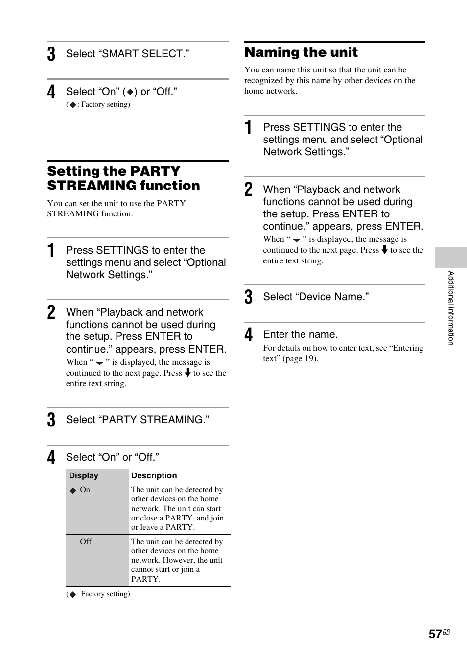 Setting the party streaming function, Naming the unit | Sony NAS-SV20i User Manual | Page 57 / 95