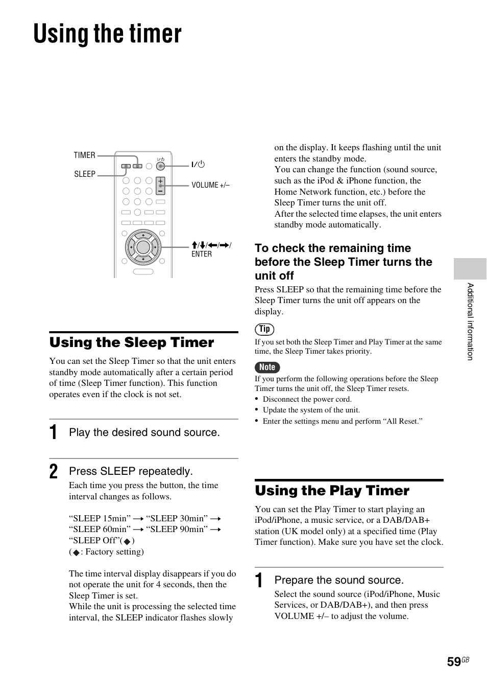 Using the timer, Using the sleep timer, Using the play timer | Sony NAS-SV20i User Manual | Page 59 / 95