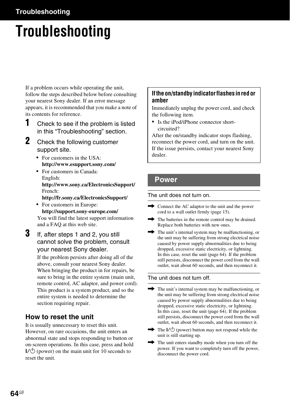 Troubleshooting, E 64), Power | Sony NAS-SV20i User Manual | Page 64 / 95