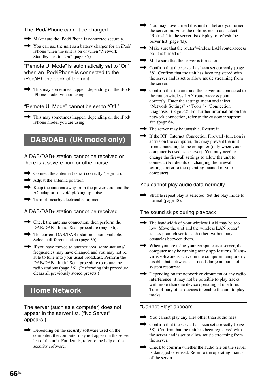 Dab/dab+ (uk model only), Home network | Sony NAS-SV20i User Manual | Page 66 / 95