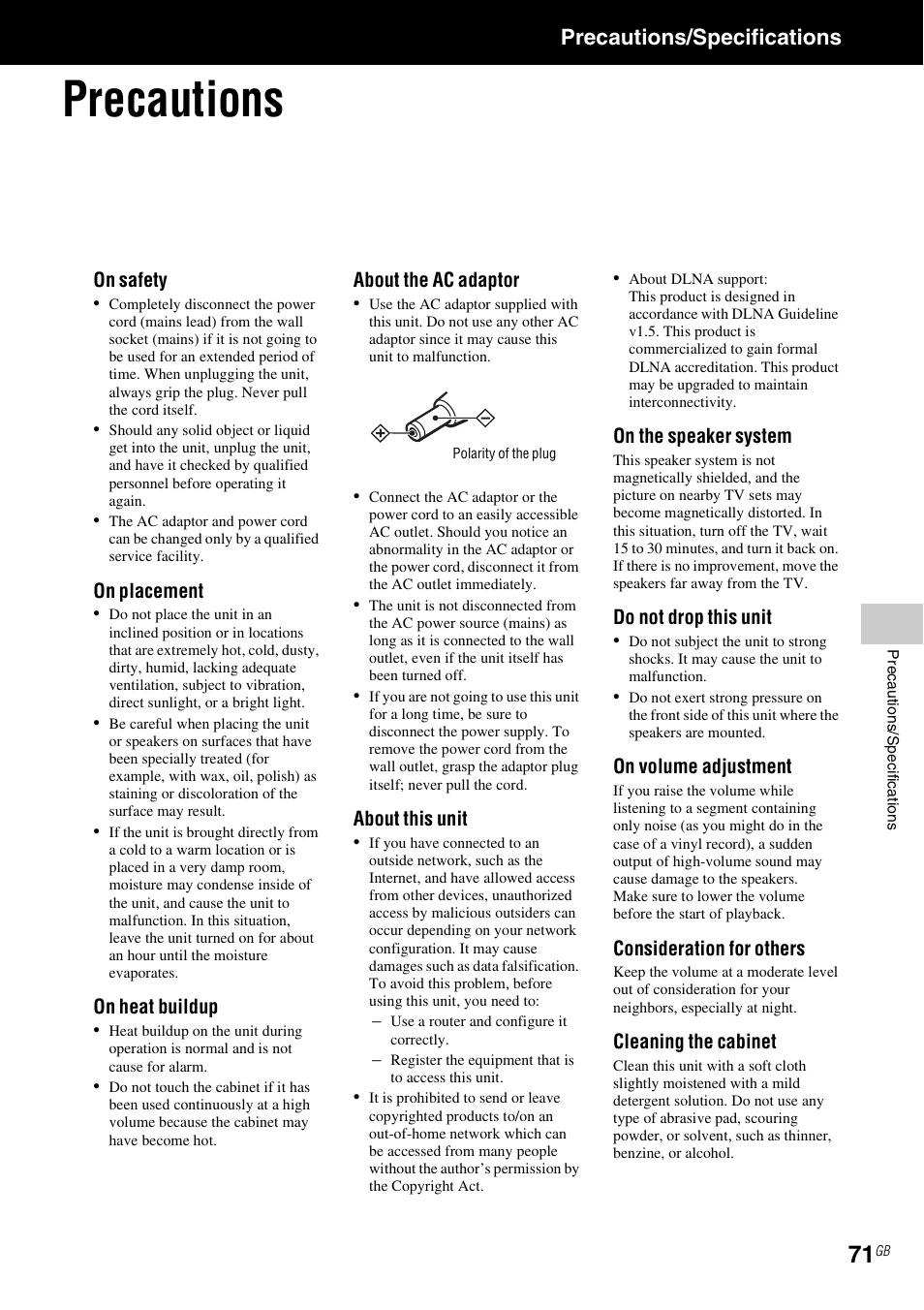 Precautions/specifications, Precautions | Sony NAS-SV20i User Manual | Page 71 / 95