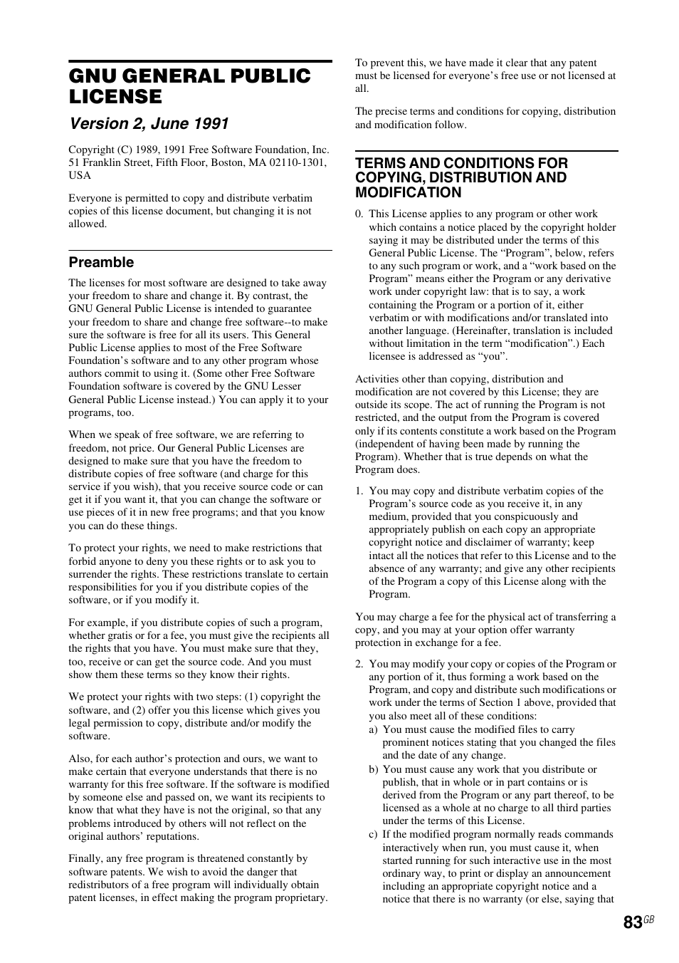 Gnu general public license, Preamble | Sony NAS-SV20i User Manual | Page 83 / 95