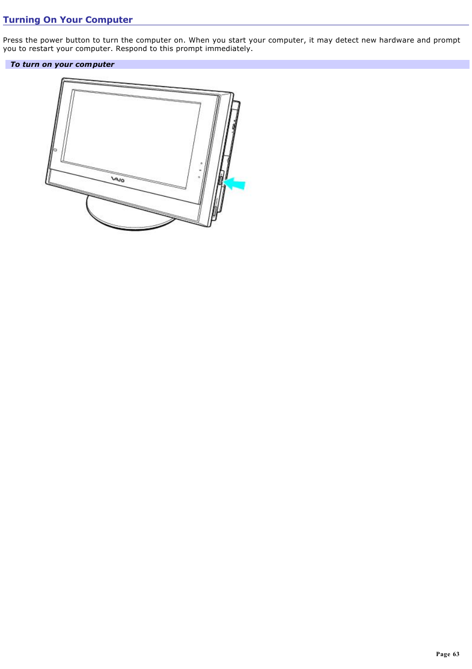 Turning on your computer | Sony VGC-V520G User Manual | Page 63 / 157
