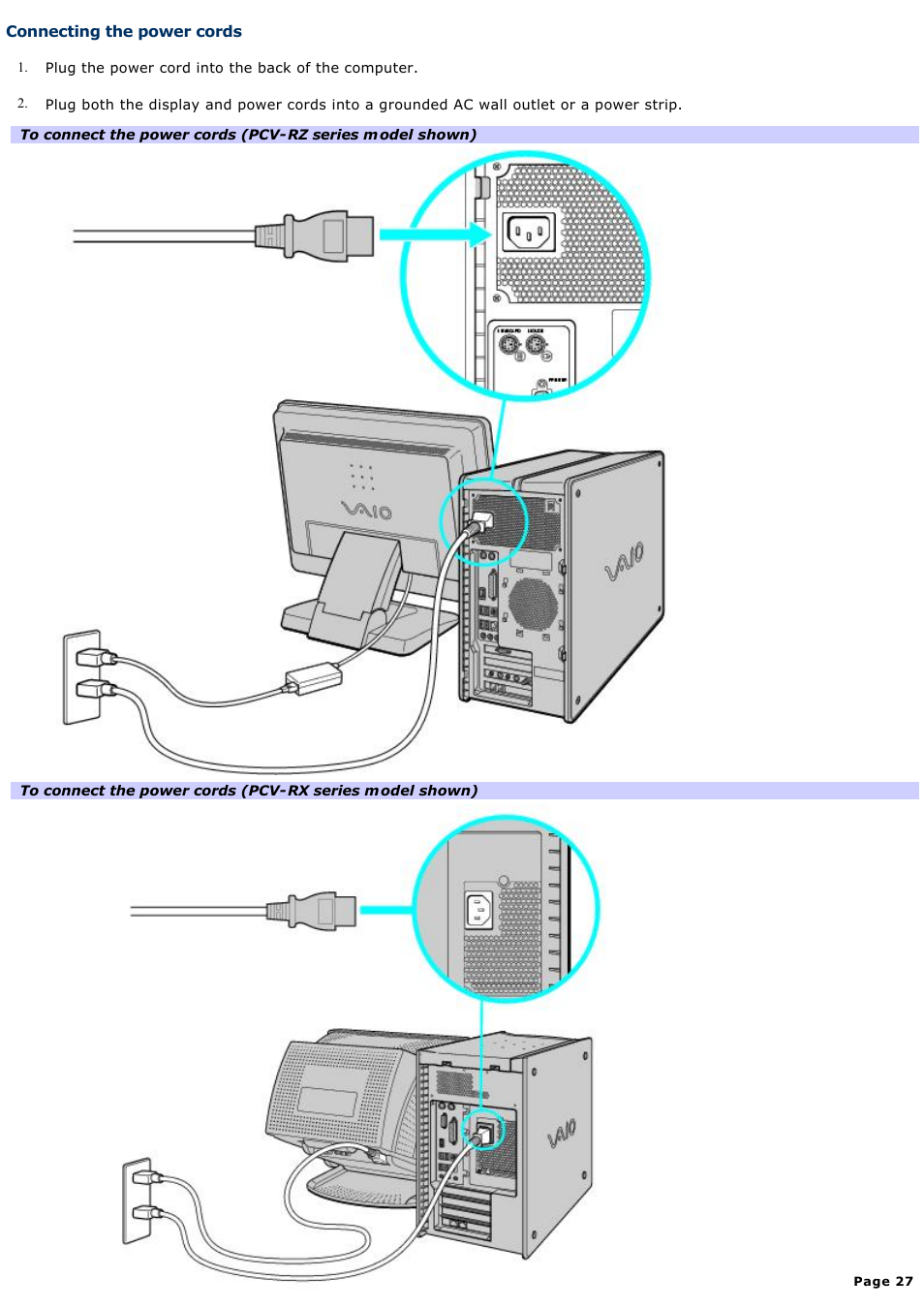 Connecting the power cords | Sony PCV-RX850 User Manual | Page 27 / 119