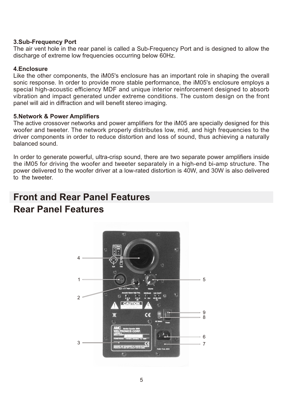 Front and rear panel features rear panel features | AMC iM05 User Manual | Page 6 / 12