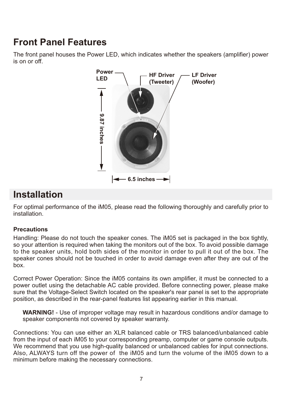 Front panel features installation | AMC iM05 User Manual | Page 8 / 12