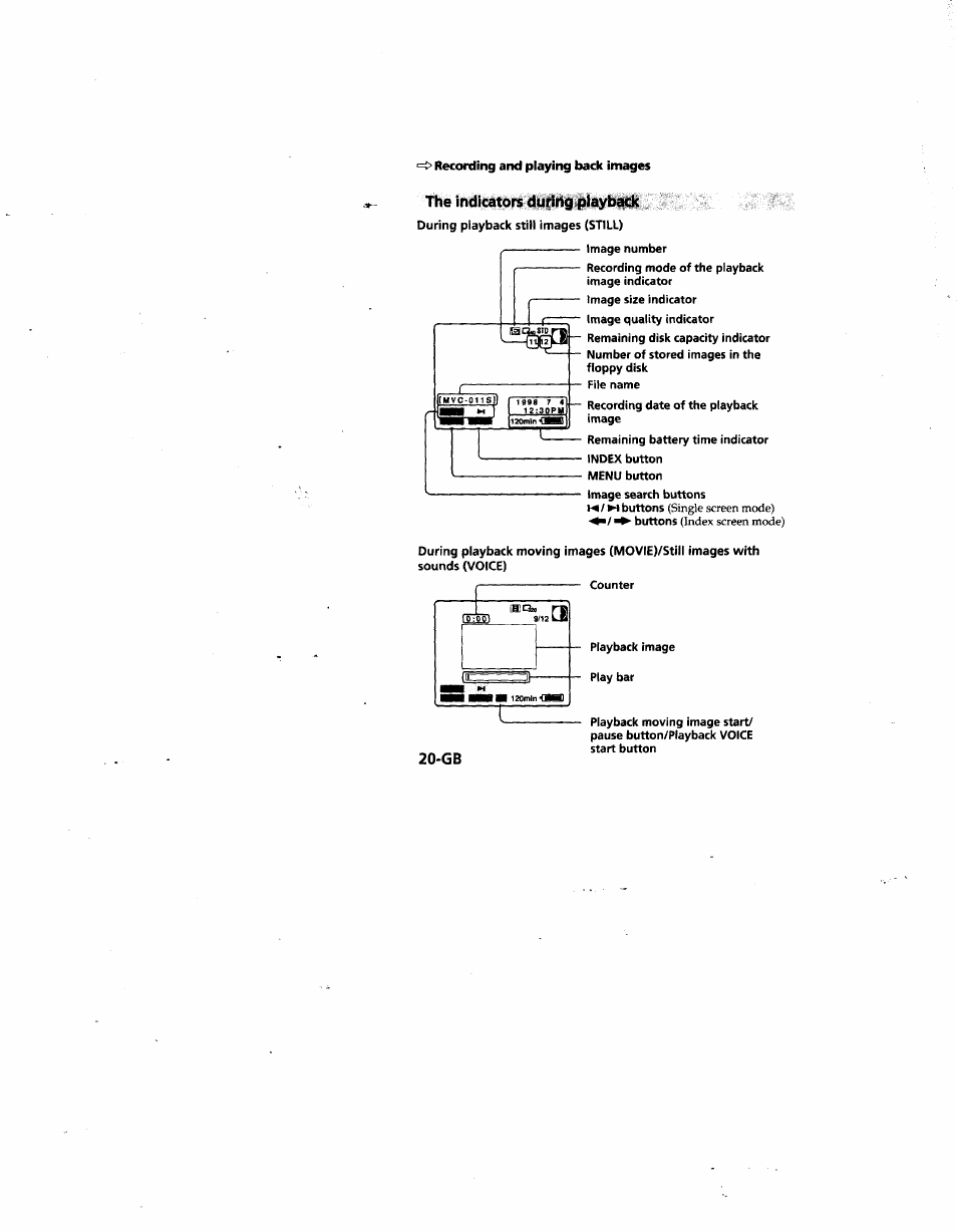The indicators during playback | Sony MVC-FD81 User Manual | Page 20 / 86
