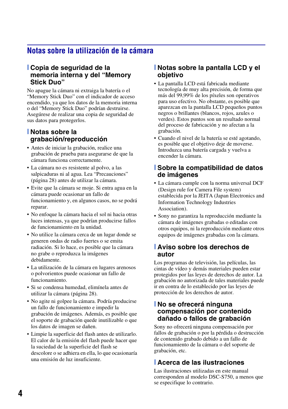 Notas sobre la utilización de la cámara | Sony DSC-S780 User Manual | Page 36 / 64