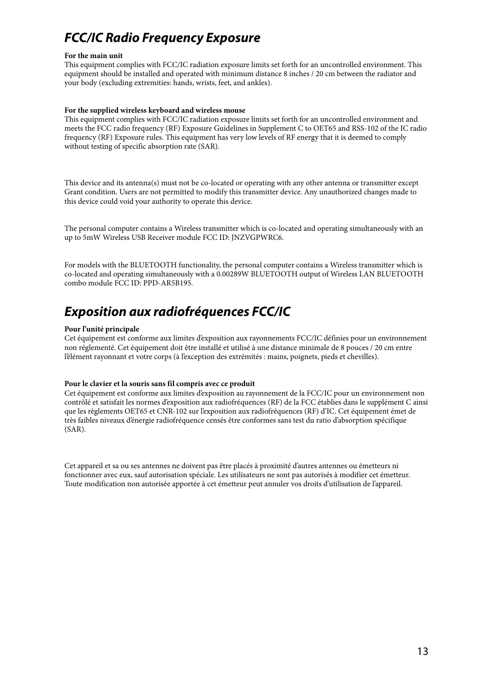 Fcc/ic radio frequency exposure, Exposition aux radiofréquences fcc/ic | Sony VPCL237FX User Manual | Page 13 / 24