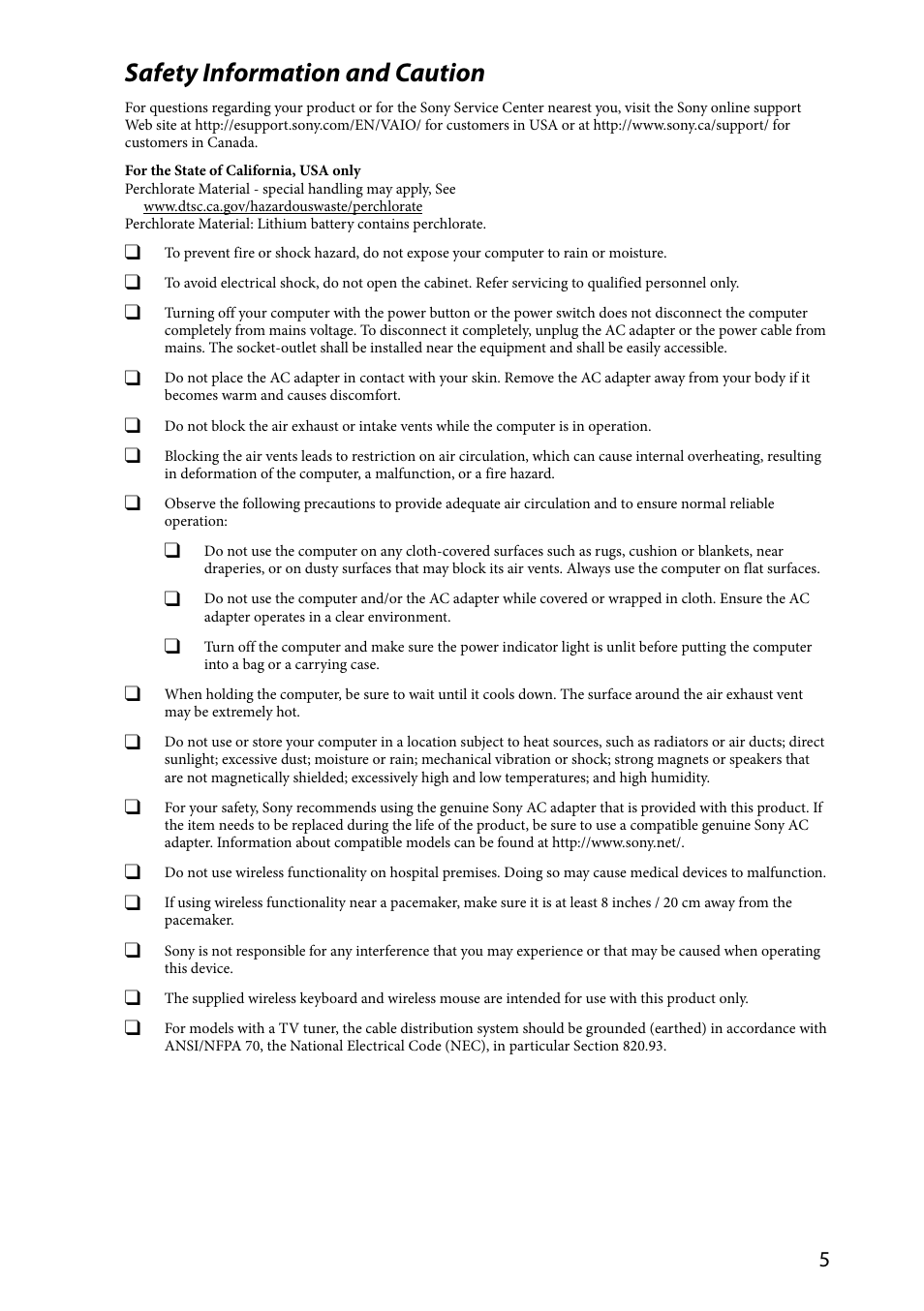 Safety information and caution | Sony VPCL237FX User Manual | Page 5 / 24