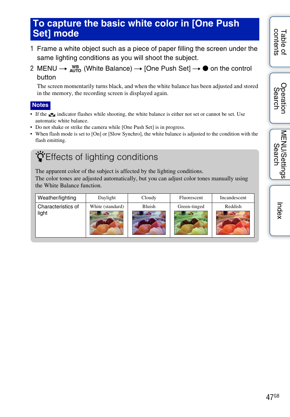 Effects of lighting conditions | Sony DSC-W370 User Manual | Page 47 / 128