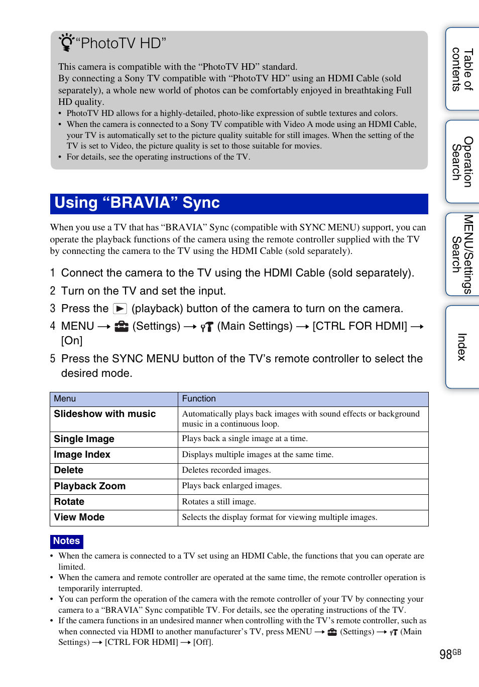 Using “bravia” sync, Phototv hd | Sony DSC-W370 User Manual | Page 98 / 128