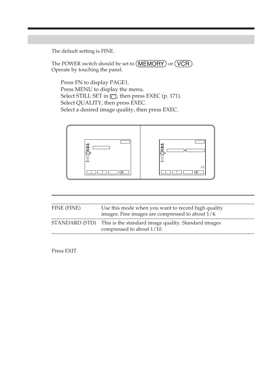 Selecting the quality and size of image data, Selecting still image quality | Sony DCR-TRV38 User Manual | Page 102 / 212