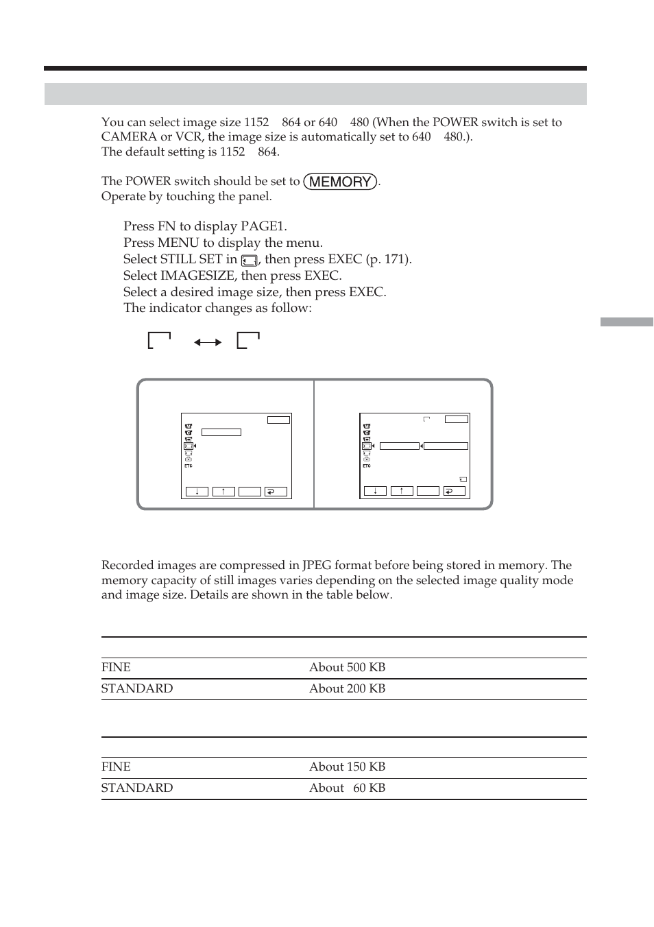 Selecting the still image size, Selecting the quality and size of image data | Sony DCR-TRV38 User Manual | Page 103 / 212