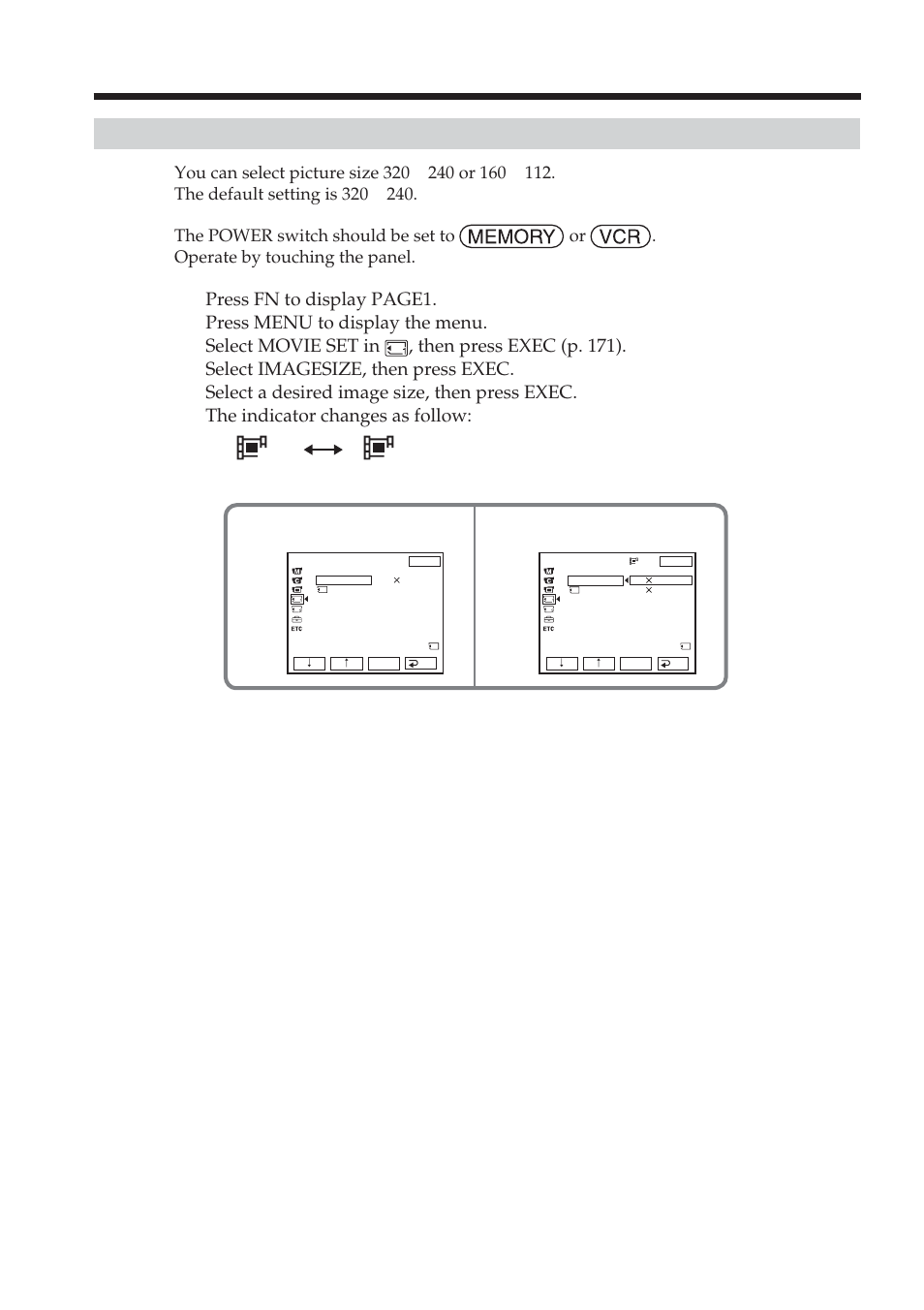 Selecting the moving picture size, Selecting the quality and size of image data | Sony DCR-TRV38 User Manual | Page 104 / 212