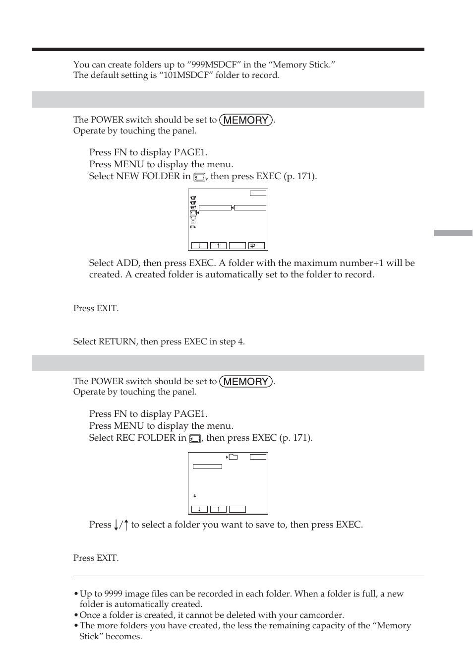 Changing the recording folder, Creating a new folder, Choosing the recording folder | Sony DCR-TRV38 User Manual | Page 123 / 212