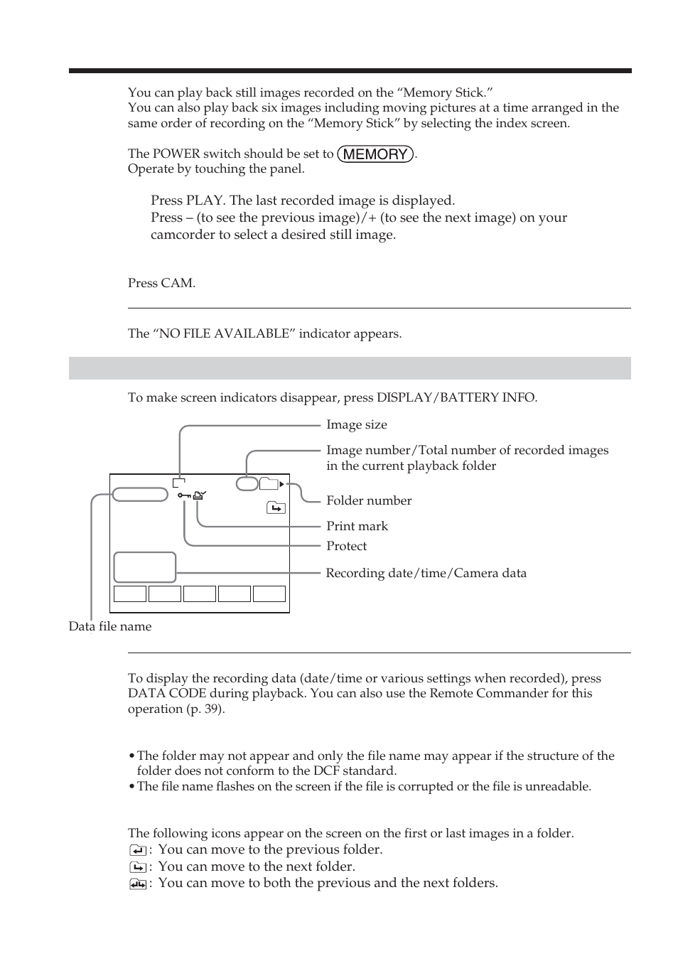 Viewing a still image – memory photo playback, Screen indicators during still image playback | Sony DCR-TRV38 User Manual | Page 124 / 212