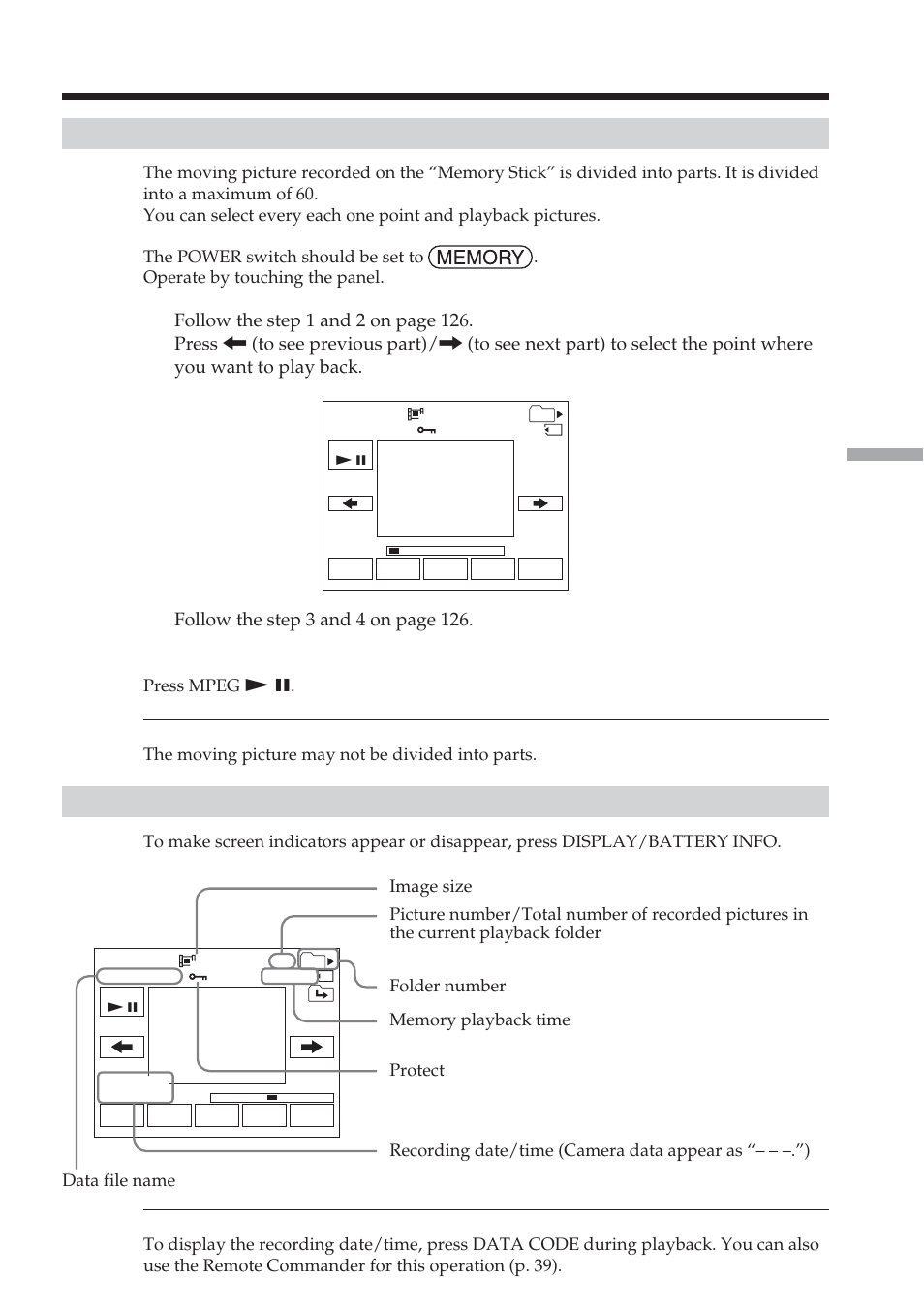 Playback picture from desired part, Screen indicators during moving picture playback, Viewing a moving picture – mpeg movie playback | Sony DCR-TRV38 User Manual | Page 127 / 212