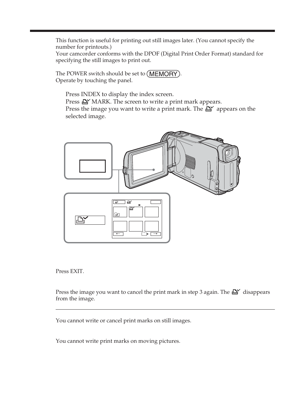 Writing a print mark – print mark, Index, Mark | Sony DCR-TRV38 User Manual | Page 136 / 212