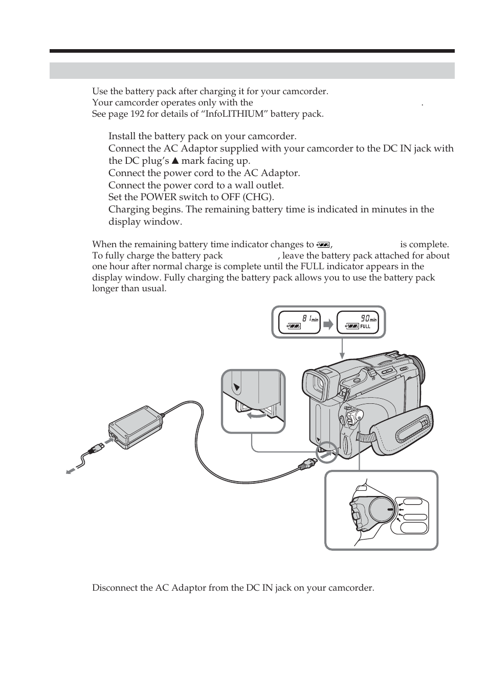 Charging the battery pack | Sony DCR-TRV38 User Manual | Page 16 / 212