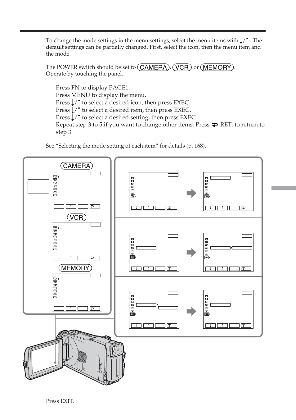Customizing your camcorder, Changing the menu settings, Menu | Press exit | Sony DCR-TRV38 User Manual | Page 167 / 212