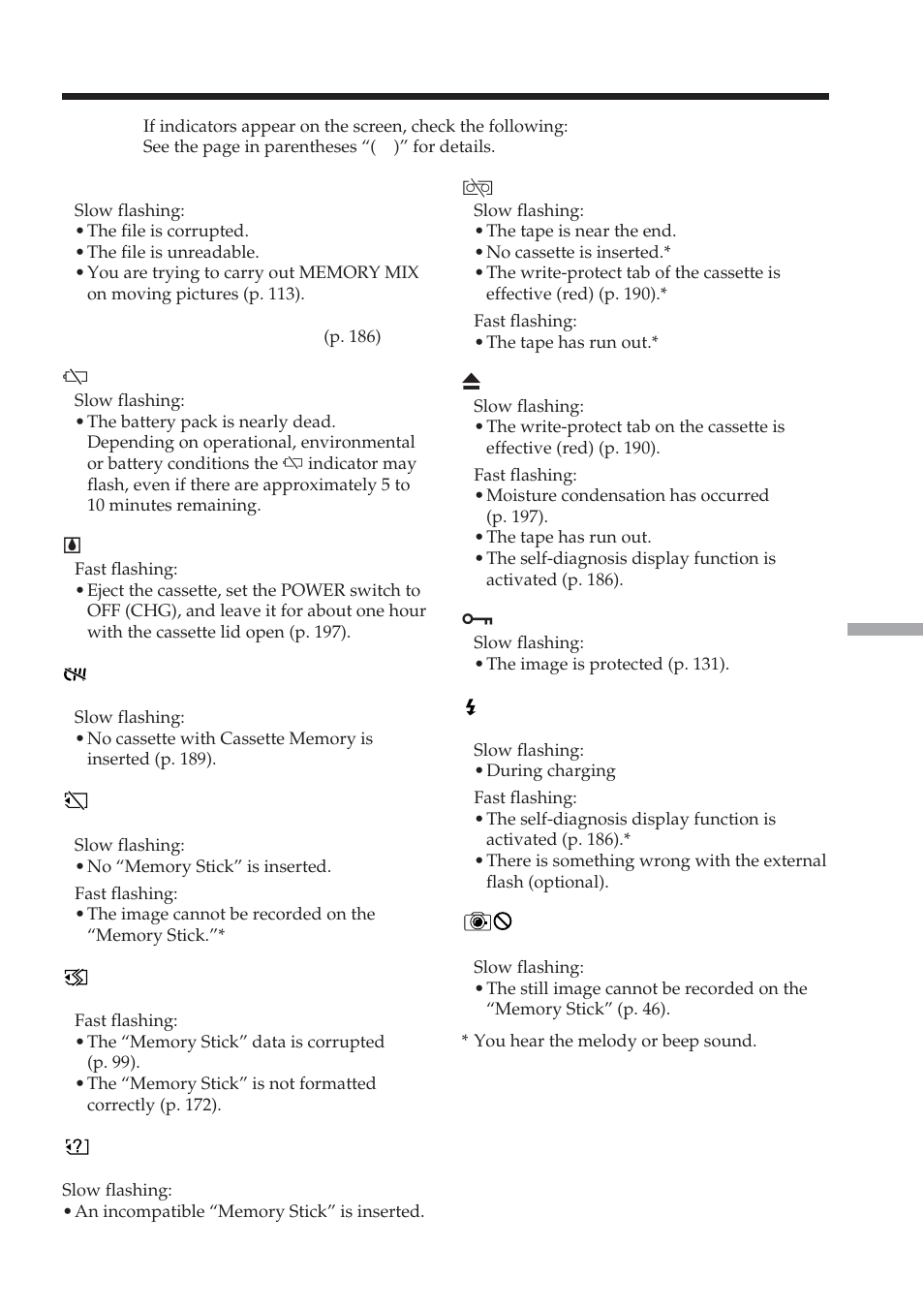 Warning indicators | Sony DCR-TRV38 User Manual | Page 187 / 212