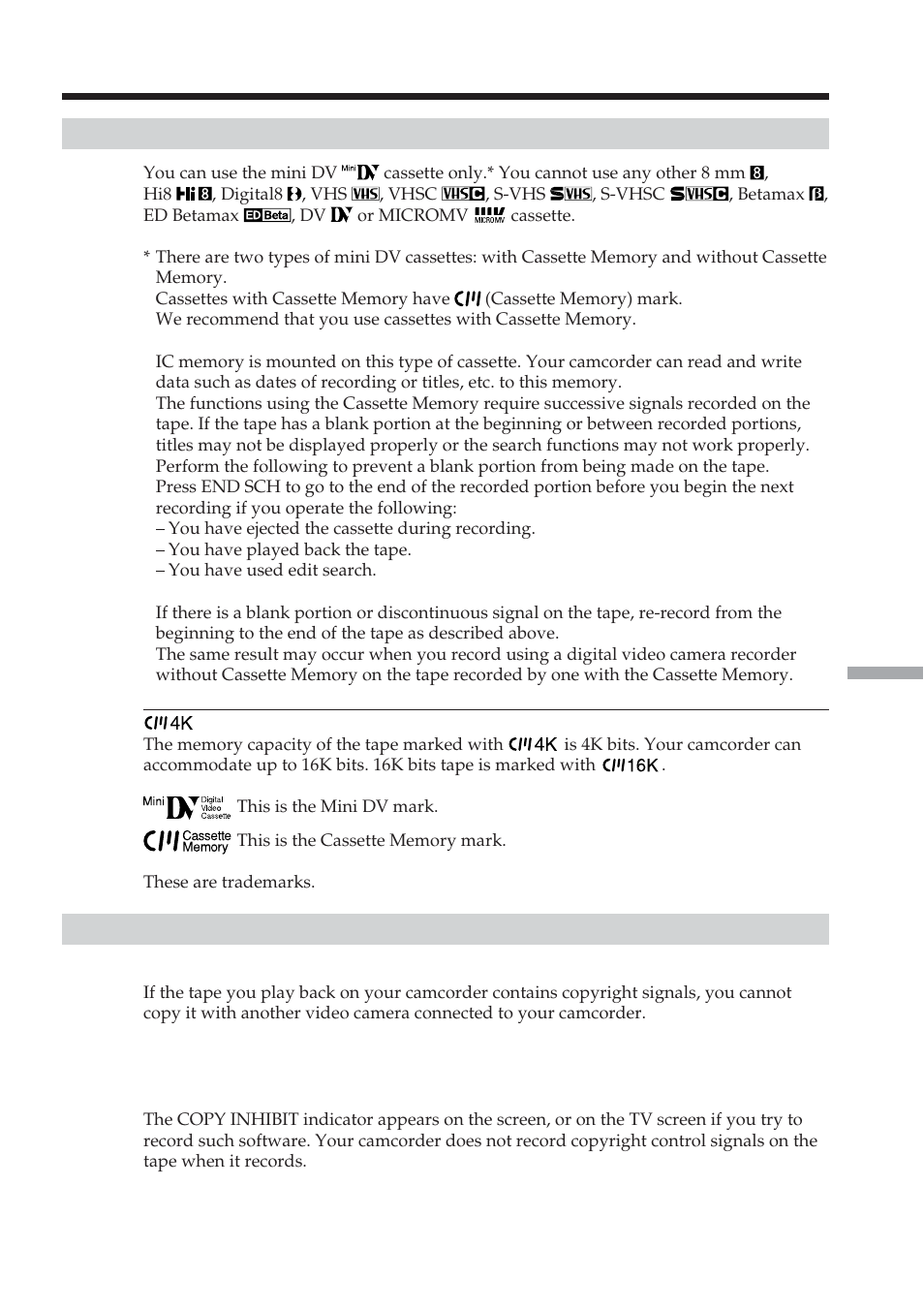 Additional information, Usable cassettes | Sony DCR-TRV38 User Manual | Page 189 / 212