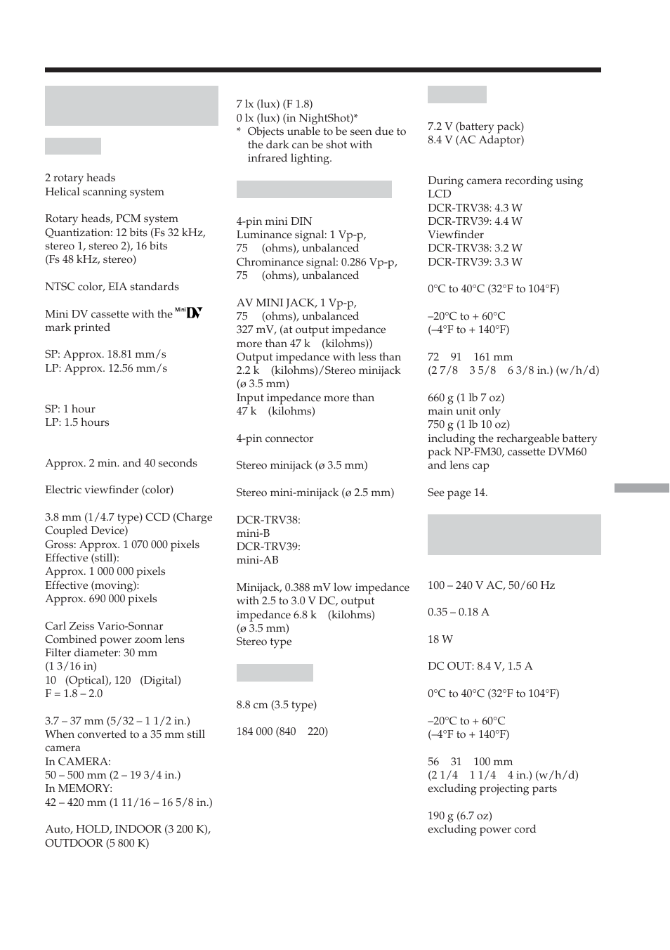 Specifications, Video camera recorder, Ac adaptor ac-l15a/l15b | Sony DCR-TRV38 User Manual | Page 203 / 212