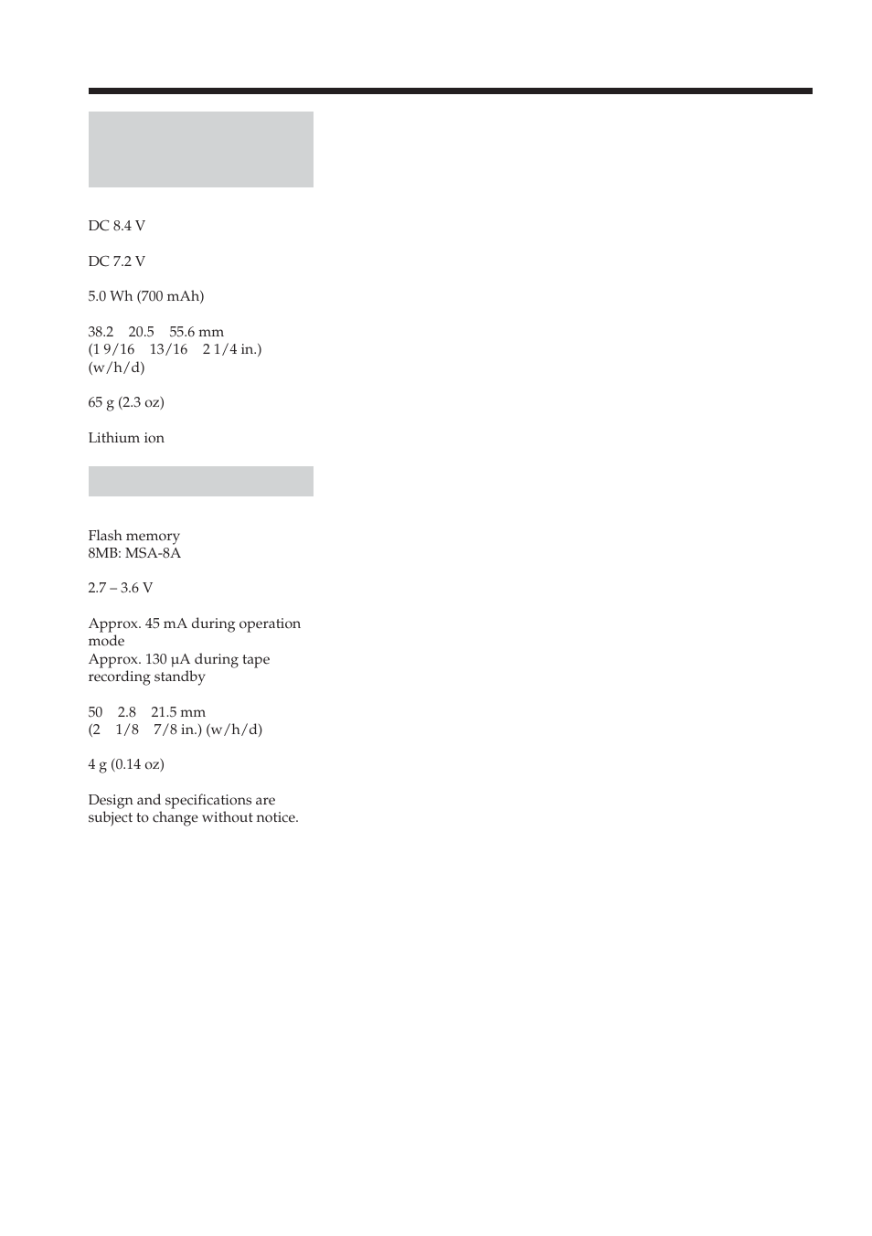 Specifications rechargeable battery pack np-fm30 | Sony DCR-TRV38 User Manual | Page 204 / 212
