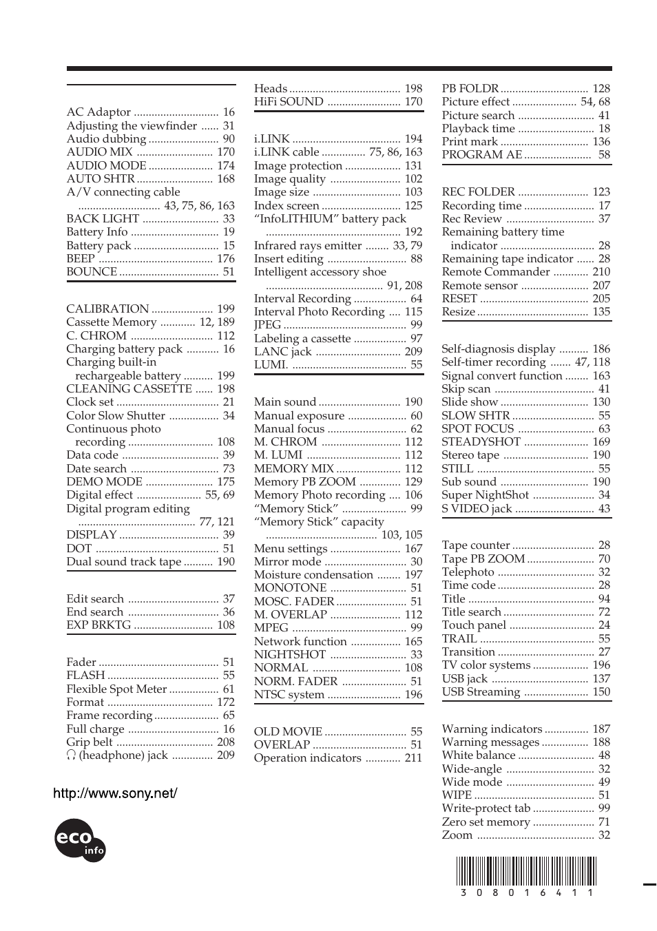 Index, A, b, C, d | F, g, h, I, j, k, l, M, n, O, p, q, T, u, v, W, x, y, z | Sony DCR-TRV38 User Manual | Page 212 / 212