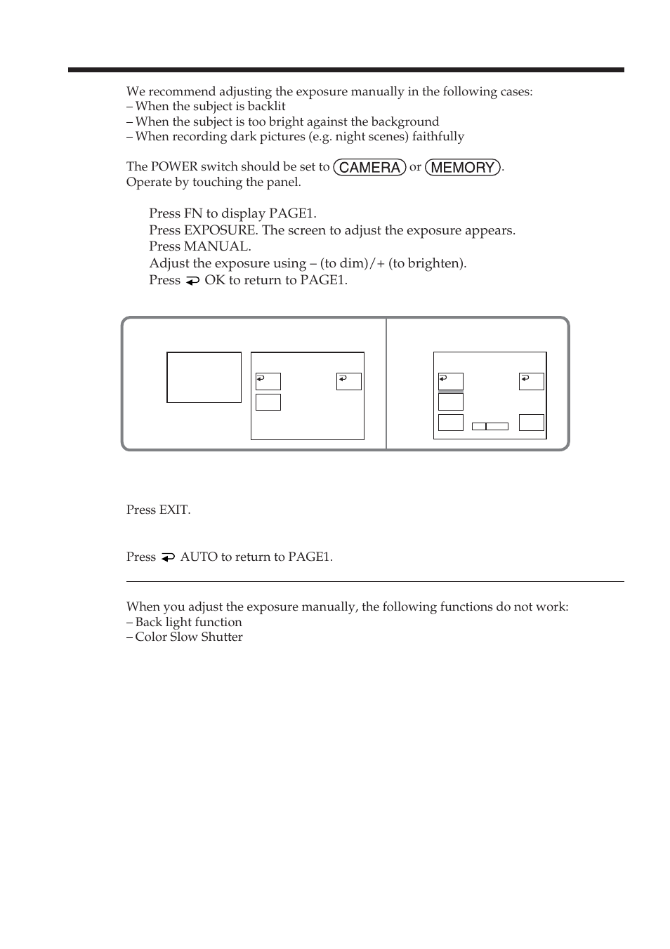Adjusting the exposure manually, Expo– sure | Sony DCR-TRV38 User Manual | Page 60 / 212